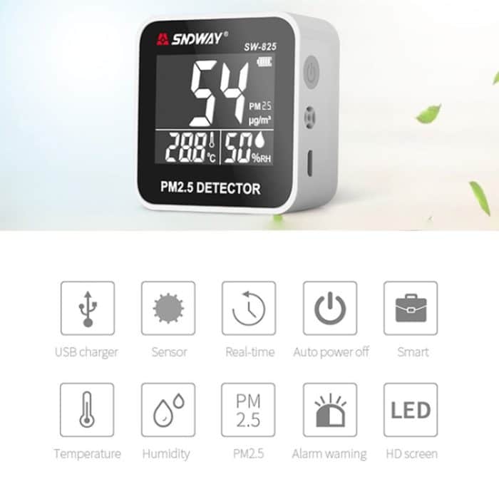 SNDWAY SW-825 Micro-USB-Aufladung Desktop-Luftqualitäts-Echtzeit-Reinigungsdetektor mit HiD-LED-Bildschirm, Support-Alarmaufforderung – Bild 4