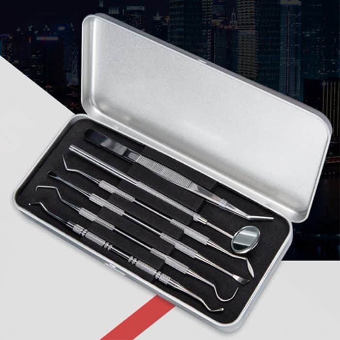 6-in-1-Dentalwerkzeugset (Edelstahlsonde + hackenförmiger Zahnarzt + Sichelzahnarzt + Zahnfleckentfernungsgerät + Zahnpinzette + Mundspiegel) – Bild 2