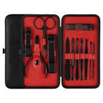 12-in-1 fortschrittliches Edelstahl-Nagelpflege-Clipper-Pediküre-Maniküre-Set mit Lederetui, Red+Black, Yellow+Black