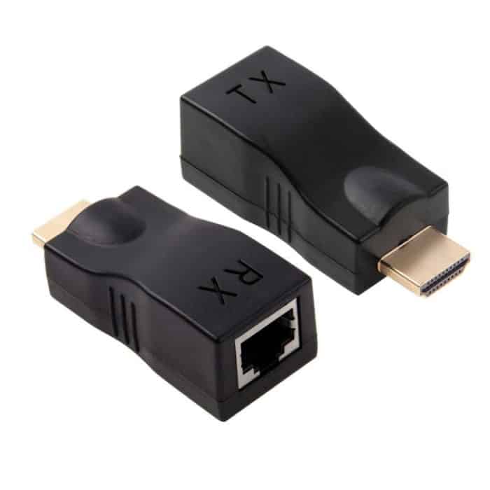 HDMI-zu-RJ45-Extender-Adapter (Empfänger und Sender) über Cat-5e/6-Kabel, unterstützt HDCP, Übertragungsentfernung: 30 m, Single RJ45 Black – Bild 1