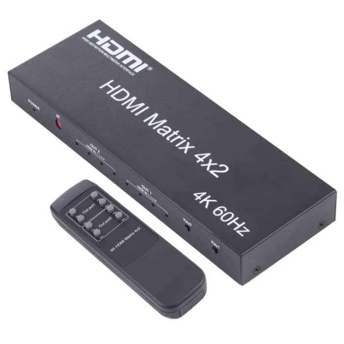 HDMI5001.jpg HDMI 4x2 Matrix Switcher / Splitter mit Fernbedienung, Unterstützung von ARC / MHL / 4KX2K / 3D, 4 Ports HDMI -Eingang, 2 Ports HDMI -Ausgabe – Bild 1