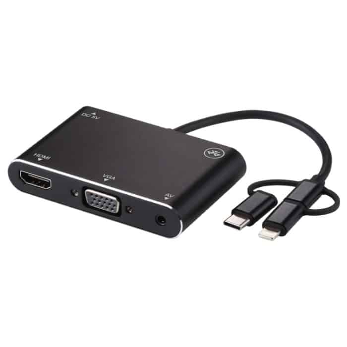 3 in 1 8-polig + Micro-USB + Typ C zu AV + HDMI + VGA 15-poliger HD-Screen-Player-Adapterkonverter mit Audio – Bild 3