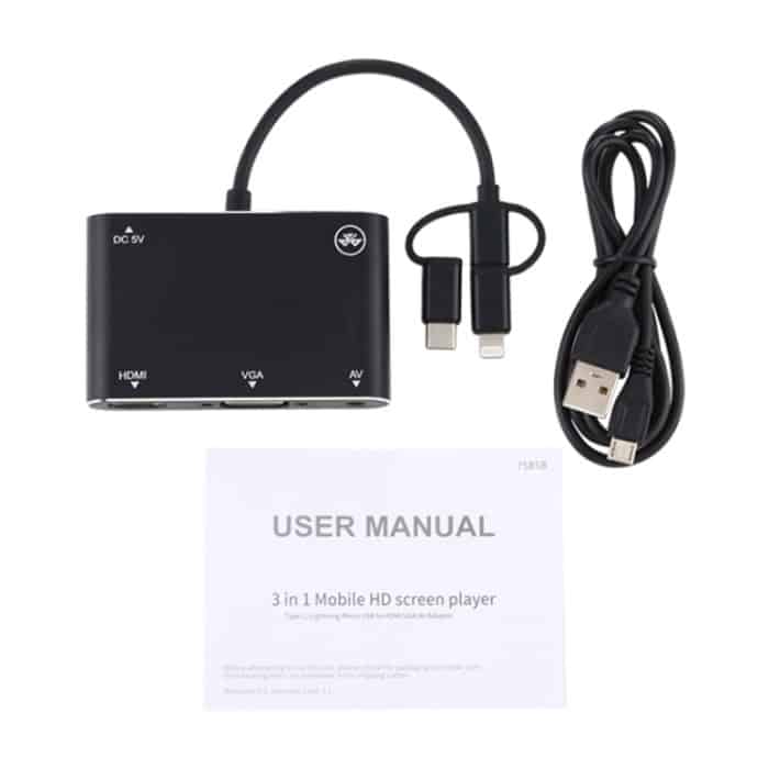 3 in 1 8-polig + Micro-USB + Typ C zu AV + HDMI + VGA 15-poliger HD-Screen-Player-Adapterkonverter mit Audio – Bild 5