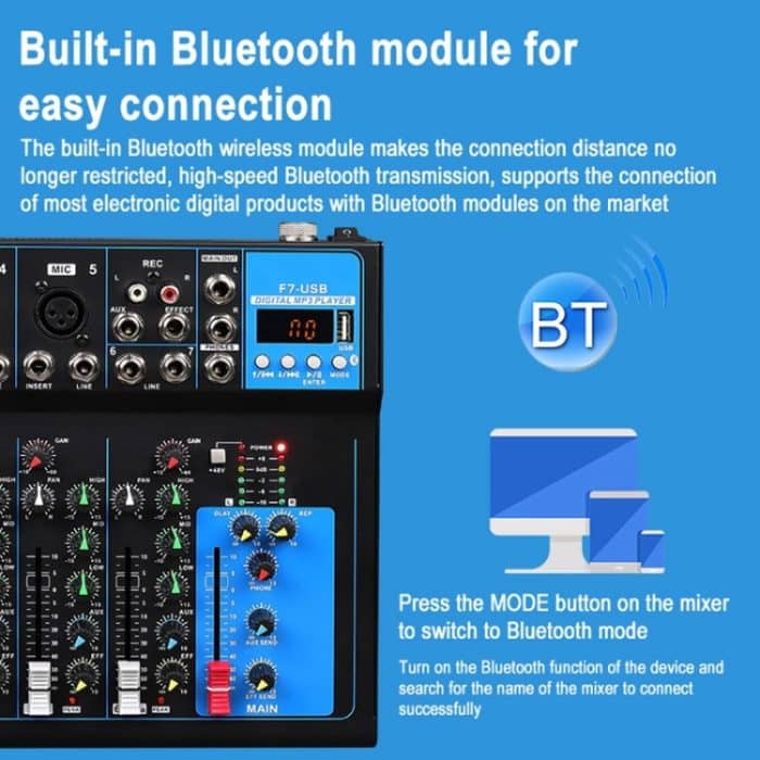 F7 Home 7-Kanal-Bluetooth-USB-Reverb-Mixer, EU-Stecker, F7 EU Plug – Bild 3