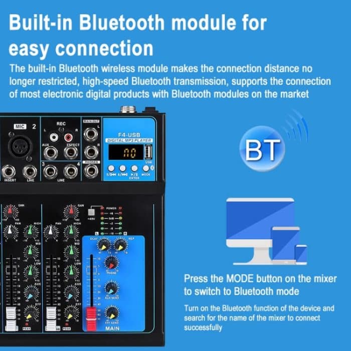 F4 Home 4-Kanal-Bluetooth-USB-Reverb-Mixer, EU-Stecker, F4 EU Plug – Bild 3
