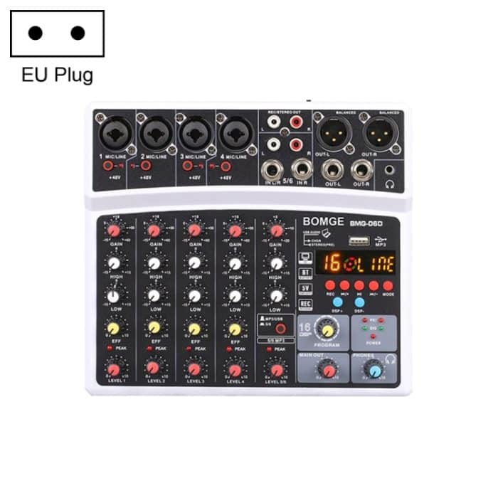 BMG-06D 6-Kanal-Live-Mixer, Mobiltelefon, Bluetooth-Soundkarte, digitaler 16DSP-Reverb-Effekt, EU-Stecker, BMG-06D EU Plug (Black), BMG-06D EU Plug (White) – Bild 1