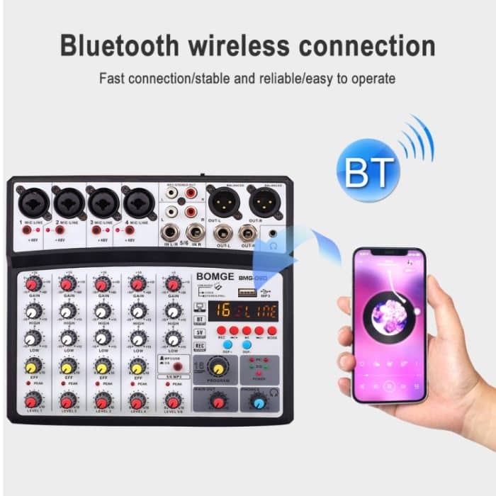 BMG-06D 6-Kanal-Live-Mixer, Mobiltelefon, Bluetooth-Soundkarte, digitaler 16DSP-Reverb-Effekt, EU-Stecker, BMG-06D EU Plug (Black), BMG-06D EU Plug (White) – Bild 6