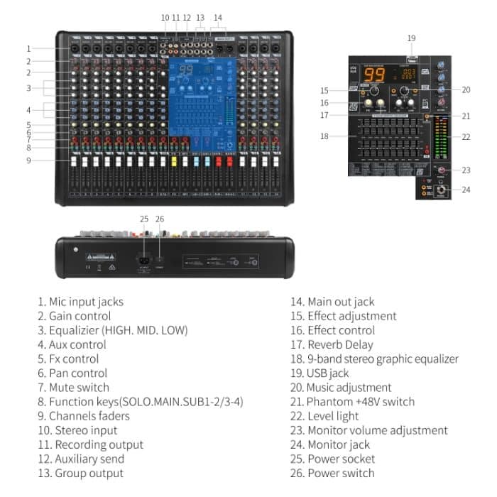 XTUGA B1404FX 14 Kanäle Bluetooth Audio Mixer Digital DJ Controller Sound Mischpult, B1404FX – Bild 3