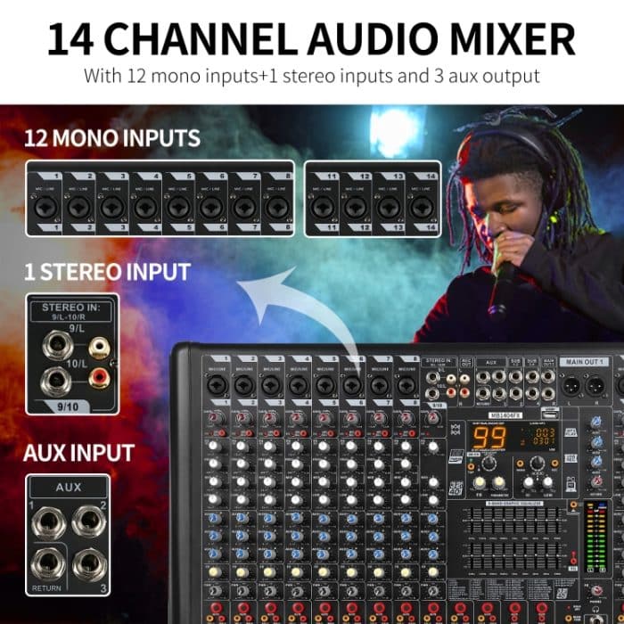 XTUGA B1404FX 14 Kanäle Bluetooth Audio Mixer Digital DJ Controller Sound Mischpult, B1404FX – Bild 4