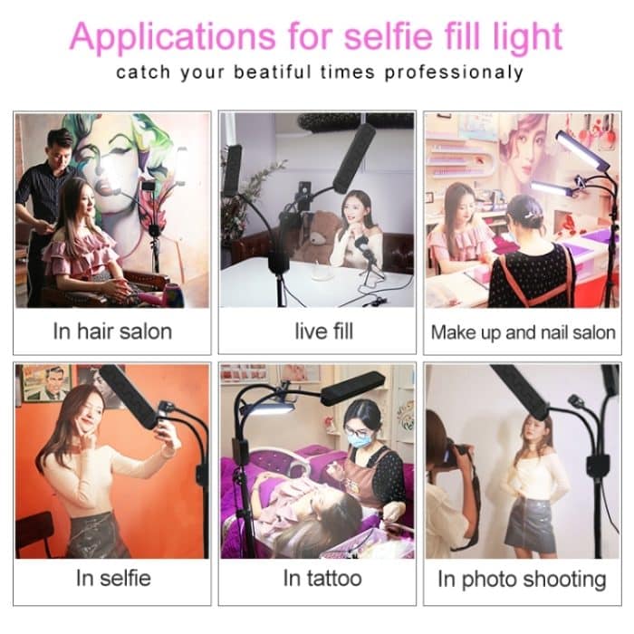 RK39 Tragbares dreifarbiges Fülllicht mit einstellbarer Helligkeit und Doppelarmen und Telefonclip – Bild 15