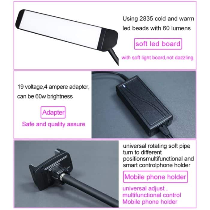 RK39 Tragbares dreifarbiges Fülllicht mit einstellbarer Helligkeit und Doppelarmen und Telefonclip – Bild 6