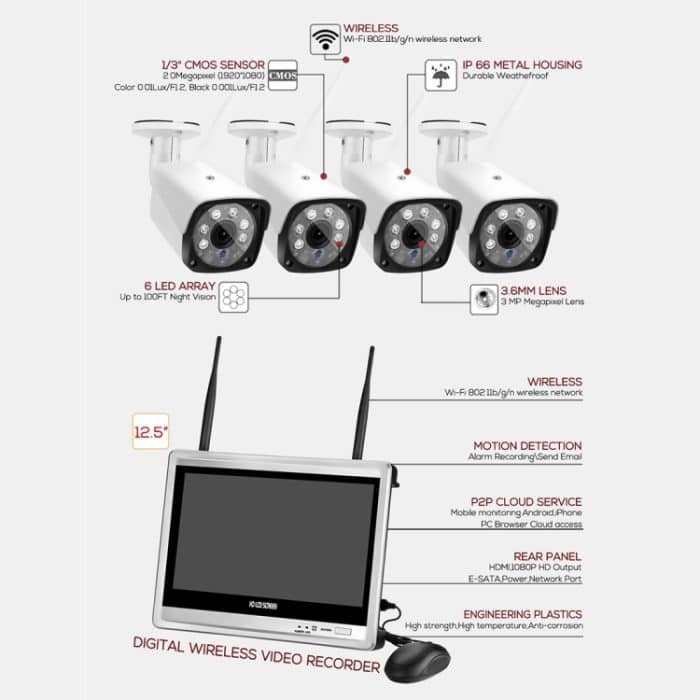 N4B3H2-P12/Kit 1080P Wireless-Netzwerk-Videorekorder-Überwachungssystem. Anzeige: 12,5 Zoll – Bild 8