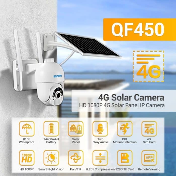 ESCAM QF450 HD 1080P 4G EU-Version Solarbetriebene IP-Kamera mit 128g-Speicher, Unterstützung mit zwei Wege Audio & Pir Motion Detection & Night Vision & TF-Karte – Bild 3