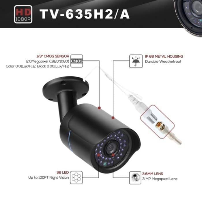 TV-635H2/A IP66 wasserdichte 1920x1080P AHD-Kamera, 1/2,7 Zoll 2MP CMOS-Sensorobjektiv, Bewegungserkennung, 20 m IR-Nachtsicht, CE- und RoHS-zertifiziert, TV-635H2/A – Bild 5