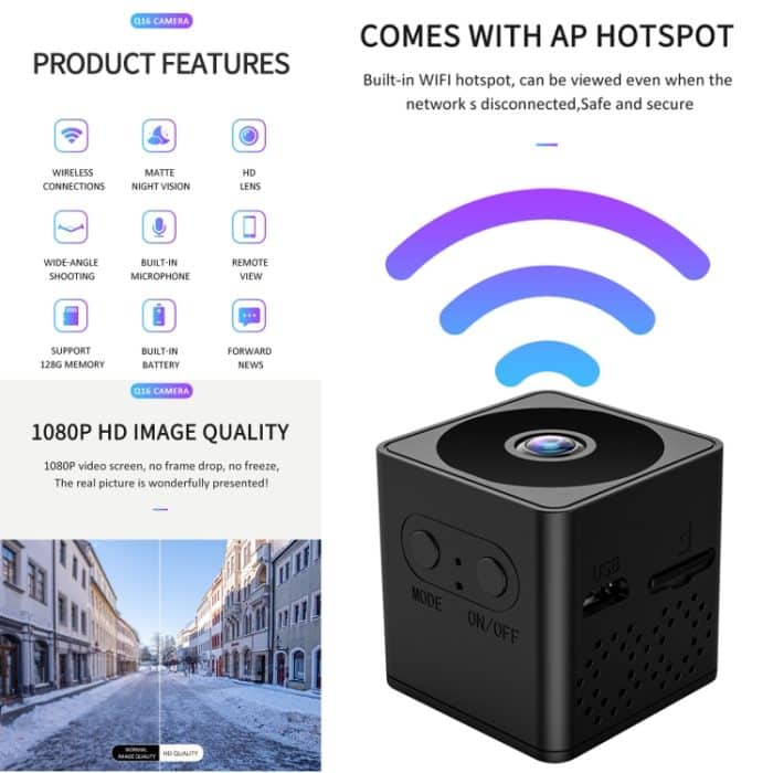 Q16 Mini WiFi Wireless Netzwerk Action Kamera Weitwinkel Recorder mit Nachtsicht und Bewegungserkennung, Wide-angle – Bild 6