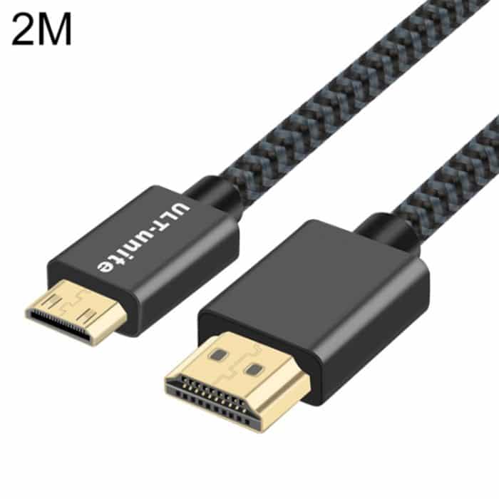 PC1678B.jpg ULT-unite vergoldetes Kopf-HDMI-2.0-Stecker auf Mini-HDMI-Stecker, geflochtenes Nylonkabel, Kabellänge: 2 m, 2m – Bild 1