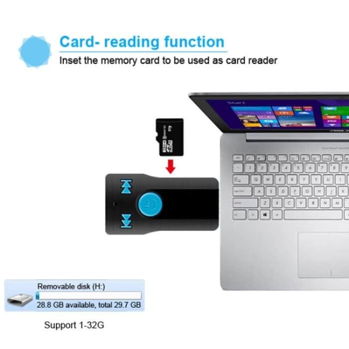 BC07 Mini-USB-Bluetooth-Empfänger mit gebürsteter Textur, MP3-Player, SD / TF-Kartenleser mit Mikrofon und Audiokabel, Freisprech- und AUX-Ausgang, 32 GB Micro-SD / TF-Karte und zweiseitigem USB-Anschluss – Bild 10