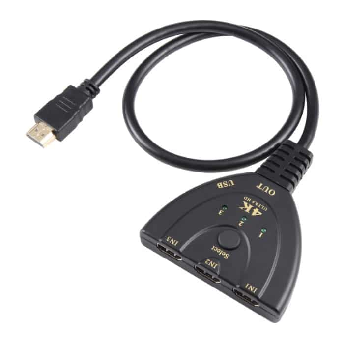 PC2521.jpg 3 x 1 4K 30 Hz HDMI-Umschalter mit Pigtail-HDMI-Kabel, unterstützt externe Stromversorgung – Bild 1