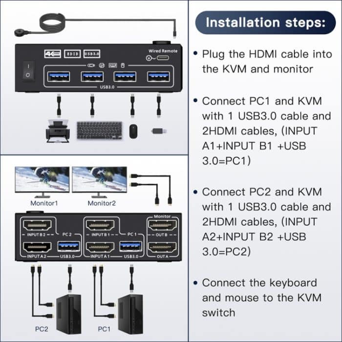 KC-KVM202AS 4K 60 Hz USB3.0 HDMI Dual Display KVM-Umschalter unterstützt EDID Analog Lock Screen – Bild 2
