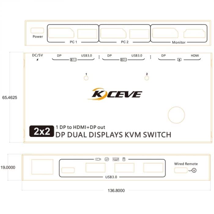 KC-KVM212DH 4K 60 Hz USB3.0 DP Dual-Display-KVM-Umschalter mit MST-Dual-Screen-Erweiterungsreplikation – Bild 2
