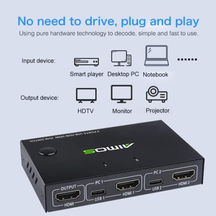 AIMOS AM-KVM201CC 2 Anschlüsse USB HUB HDMI KVM-Switch ohne Verlängerungskabel – Bild 6