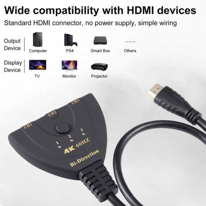 3 x 1 4K 60Hz HDMI Bidirektionaler Umschalter mit Pigtail-HDMI-Kabel – Bild 4
