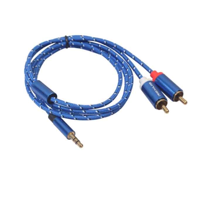 REXLIS 3610 3,5 mm Stecker auf zwei Cinch Vergoldeter Stecker Geflochtenes Audiokabel aus blauer Baumwolle für Cinch-Eingangsschnittstelle Aktiver Lautsprecher, Länge: 1 m – Bild 4