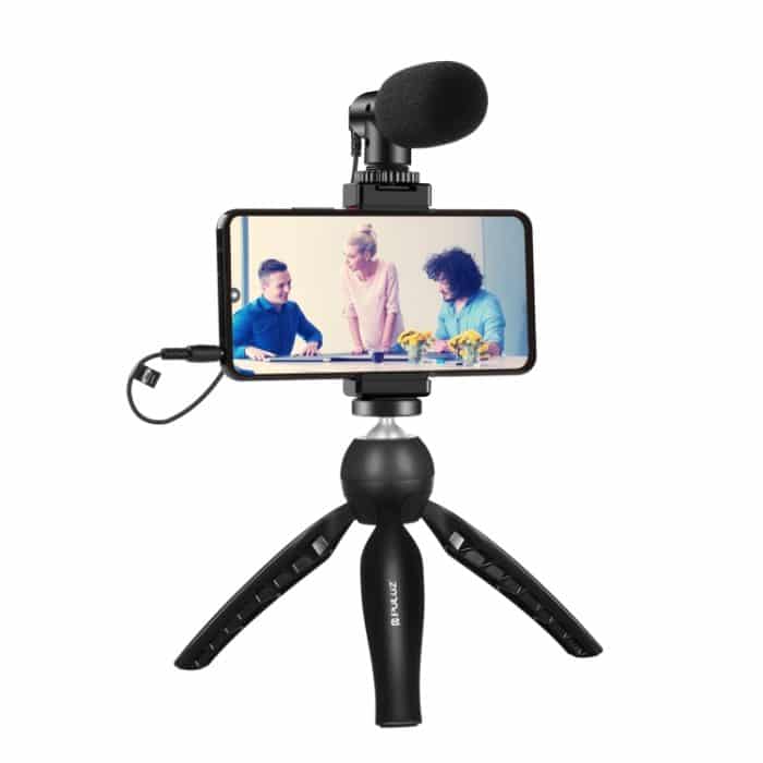 PULUZ Live Broadcast Smartphone Video Vlogger Kits Mikrofon + Stativhalterung + Telefonklemmenhalter, Mic + Tripod + lamp – Bild 1