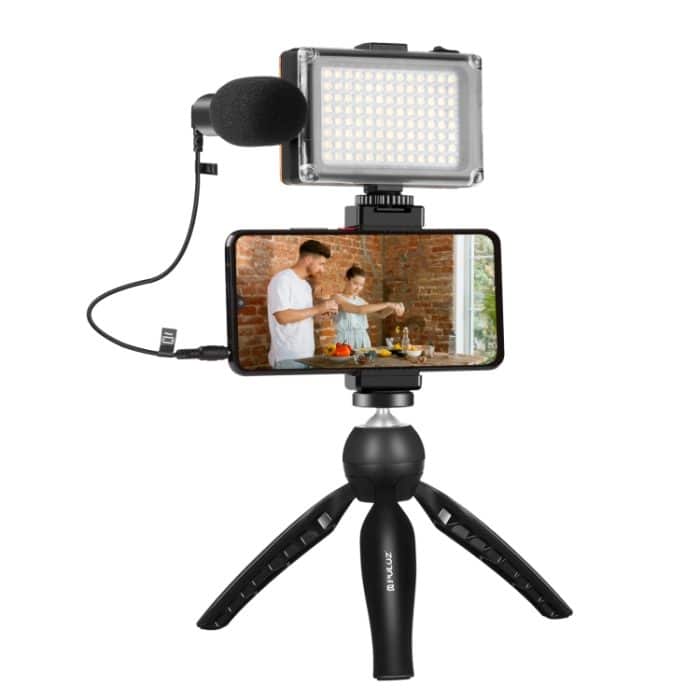 PULUZ Live Broadcast Smartphone-Videolicht-Vlogger-Kits mit Mikrofon + LED-Licht + Stativhalterung + Telefonklemmenhalter, Mic + LED + Tripod + lamp – Bild 1