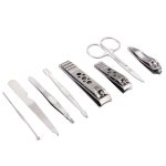 8-in-1-Nagelpflege-Clipper-Pediküre-Maniküre-Kits (große Nagelknipser, kleine Nagelknipser, schräge Nagelknipser, Stahlkopfschieber mit zwei Köpfen, Augenbrauenschere, Augenbrauenpinzette, Ohrstöpsel, doppelseitige Nagelfeile) mit Ledertasche – Bild 2