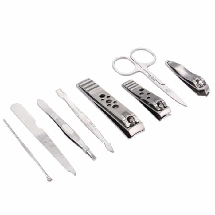 8-in-1-Nagelpflege-Clipper-Pediküre-Maniküre-Kits (große Nagelknipser, kleine Nagelknipser, schräge Nagelknipser, Stahlkopfschieber mit zwei Köpfen, Augenbrauenschere, Augenbrauenpinzette, Ohrstöpsel, doppelseitige Nagelfeile) mit Ledertasche – Bild 2