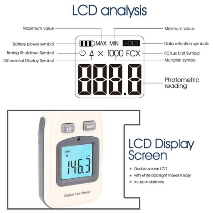 BENETECH Digital Light Lux Meter für Fabrik / Schule / Haus Verschiedene Anlässe, Reichweite: 0-200.000 Lux (GM1010) (Weiß) – Bild 5