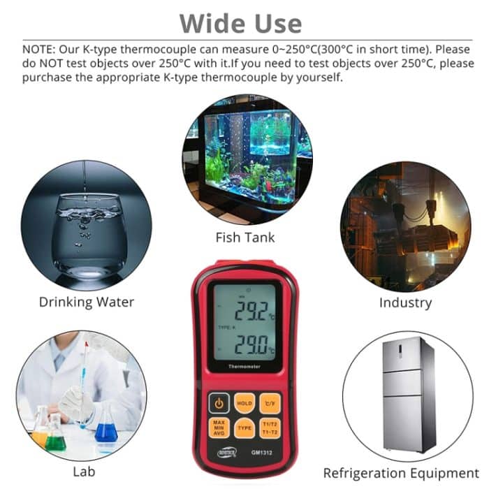 BENETECH GM1312 2,4-Zoll-LCD-Bildschirm Thermoelement-Thermometer Maß J, K, T, E, N und R Typ, Messbereich: -50 ~ 300C – Bild 9