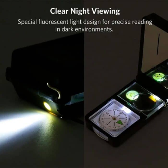 10 in 1 (Thermometer, Hygrometer, LED-Licht, Reflektor, Wasserwaage, Kompass, Pfeife, Feuerstein, Lupe, Lineal) Tragbarer Multifunktionskompass – Bild 6