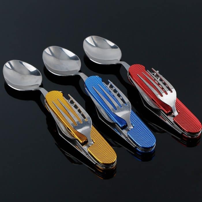 6-in-1-Reise-/Camping-Klappbesteckset aus Edelstahl, Löffel + Gabel + Messer + Flaschenöffner-Set – Bild 10