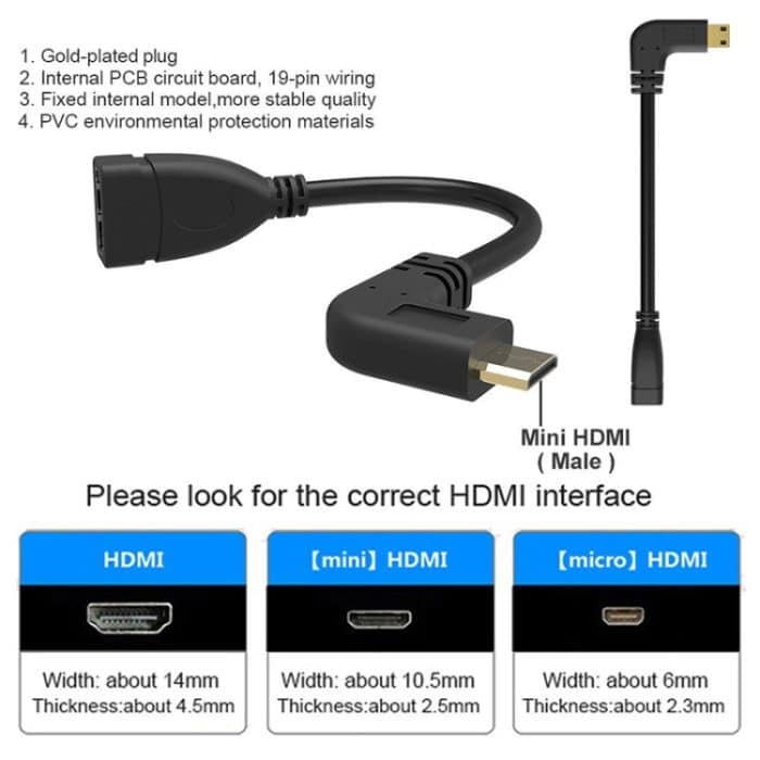 16 cm vergoldetes Mini-HDMI-Stecker-zu-HDMI-19-poliges Buchsenkabel, 90 Grad rechtwinklig – Bild 4