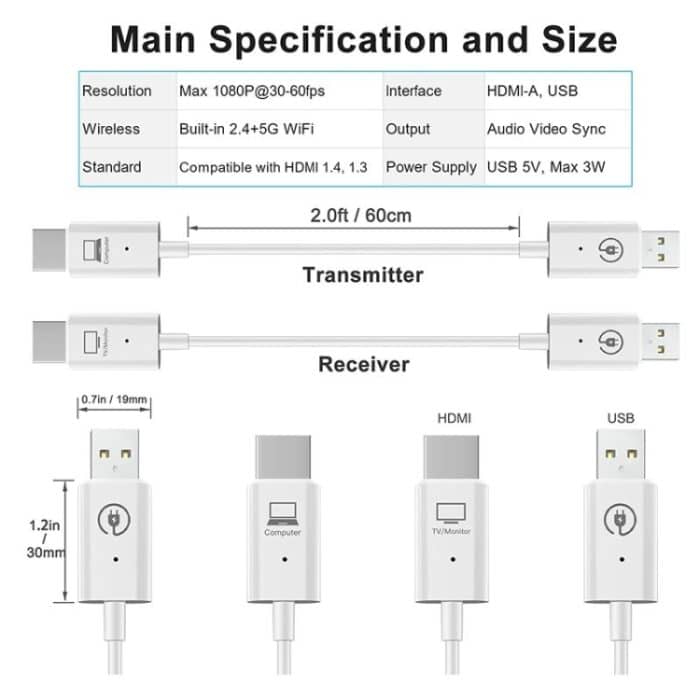 Kabelloses HDMI-Sender- und Empfänger-Set, HDMI-Wireless-Extender-Adapter, 1080P 60fps Video-Audio-Projektion für PC, Laptop, Kamera auf HDTV/Projektor – Bild 2