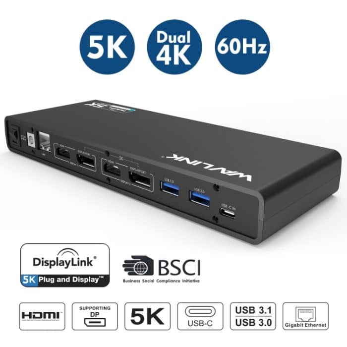 Wavlink UG69DK1 5K Typ-C Dual Display USB 3.0 Video Gigabit Ethernet HDMI Dockingstation, US Plug, EU Plug, UK Plug, AU Plug – Bild 3