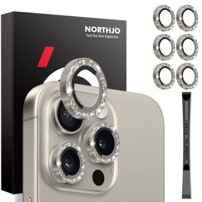 NORTHJO 2 Set 6-teilig Kamera-Objektivschutz Glitzer Metallring Film, For iPhone 15 Pro / 15 Pro Max – Bild 1