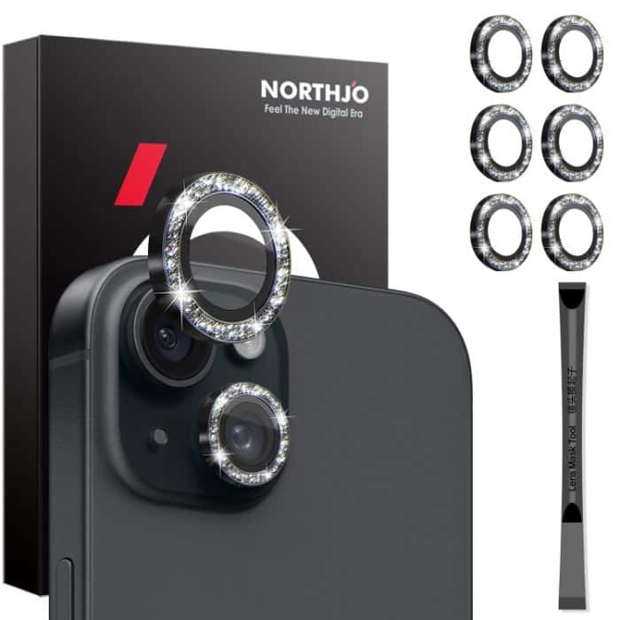 SYA002588301A.jpg NORTHJO 3er Set 6-teilig Kamera-Objektivschutz Glitzer Metallringfolie, For iPhone 15 / 15 Plus / 14 / 14 Plus – Bild 1
