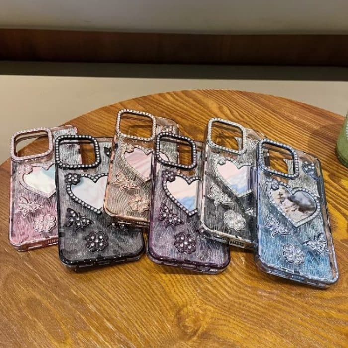 Handyhülle in Herzform mit Glitzersteinen und Spiegel, For iPhone 15 Pro Max, For iPhone 15 Pro, For iPhone 15, For iPhone 14 – Bild 2