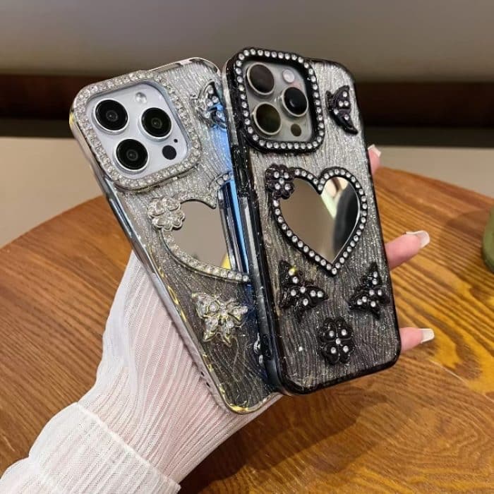 Handyhülle in Herzform mit Glitzersteinen und Spiegel, For iPhone 15 Pro Max, For iPhone 15 Pro, For iPhone 15, For iPhone 14 – Bild 4