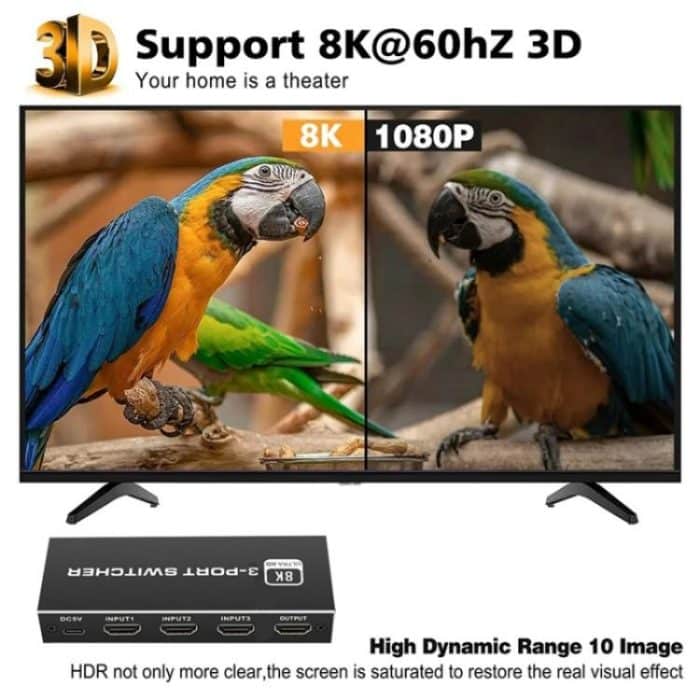 Q8Q3-3 Gaming-Heimkino HDMI 2.1-Switch 3x1 8K 4K 120Hz HDR Audio-Video-Synchronizer – Bild 3