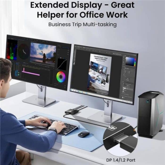 FD 1X2 4K 144HZ Audio Extractor Splitter DisplayPort 1.4 to Dual DisplayPort MST Hub, US Plug, EU Plug – Bild 5