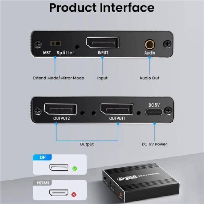 FD 1X2 4K 144HZ Audio Extractor Splitter DisplayPort 1.4 to Dual DisplayPort MST Hub, US Plug, EU Plug – Bild 8