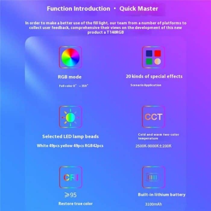 T140RGB Tragbares Vollfarb-Fülllicht für Videoaufnahmen/Live-Fotografie – Bild 4
