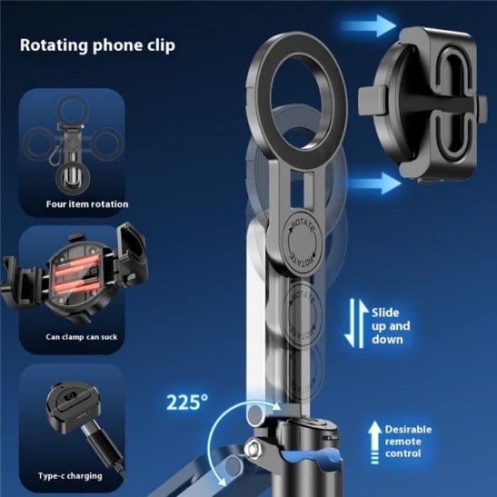 P15-C 2 In 1 Portable Magnetic Tripod Phone Holder Telescopic Selfie Stick with Keyring – Bild 8