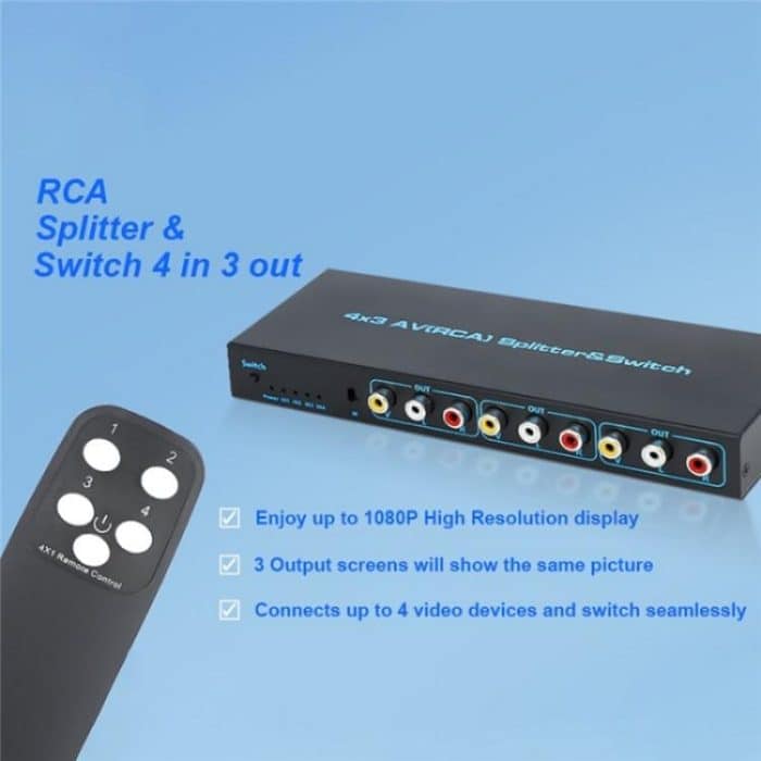 RCA 4 In 3 Out AV Audio Video Signal Composite Switcher AV Switch Splitter Box, US Plug, EU Plug – Bild 2