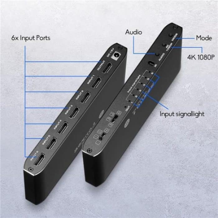 JQF2 4K Seamless Switcher Screen Splitter Multiple Display Modes 6 in 1 Out HDMI Multiviewer, US Plug, EU Plug – Bild 5