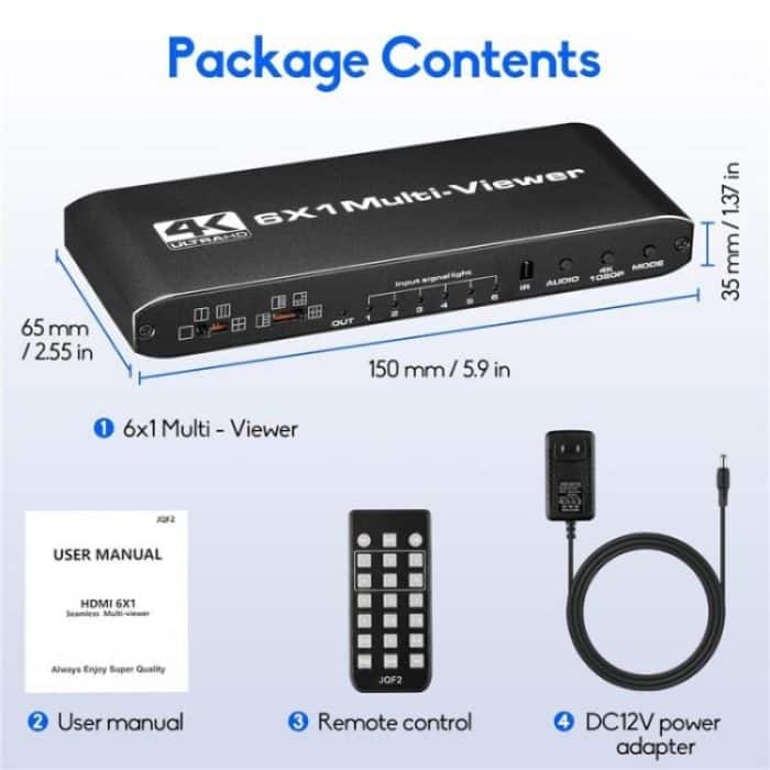 JQF2 4K Seamless Switcher Screen Splitter Multiple Display Modes 6 in 1 Out HDMI Multiviewer, US Plug, EU Plug – Bild 9